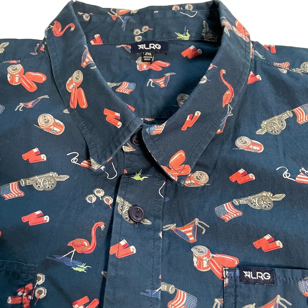 LRG 2XL Navy Novelty Print Button‎ Up Shirt USA Flag Flamingo Beer Party Beach